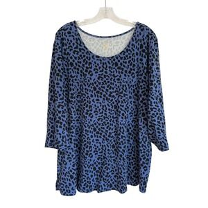 Belle by Kim Gravel Blue Black Leopard Print 3/4 Sleeve Tunic 3X Cotton Modal